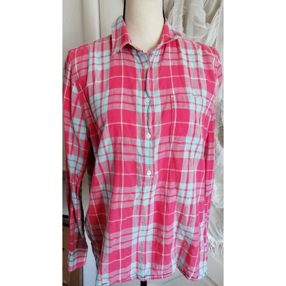 J. Crew Women's The Perfect Shirt Long Sleeve Popover Top Red Plaid Cotton Sz L